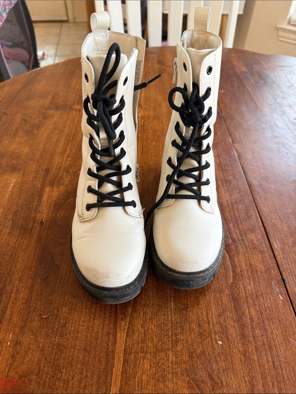 art class Cream Lace-Up Combat Boots with Black Laces